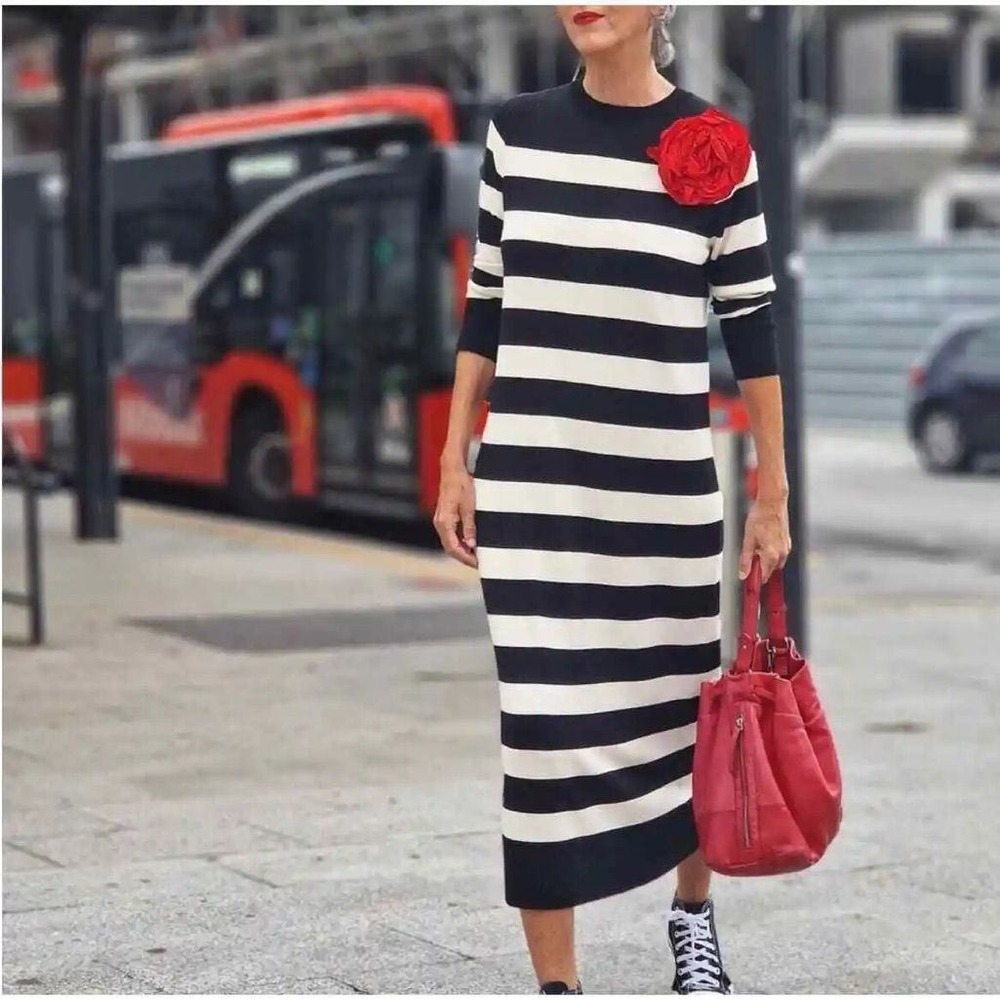 Zara Womens Striped Knit Midi Sweater Dress Long Sleeve Black White Small S